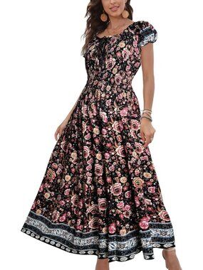 🆕Women's Black Pink Floral Flowy Print Tiered Short Sleeves Summer Maxi Dress